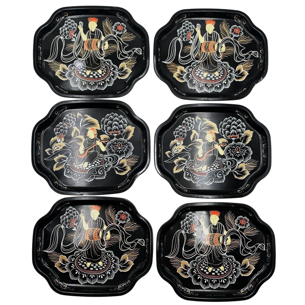 6 MCM Era Metal /Ptd England ELITE Bridge Trays Coasters Oriental Music Floral